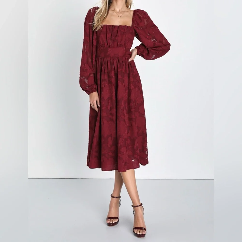 Lulus Burgundy Floral Long Sleeve Lace-Up Back Midi Dress - Picture 2 of 8